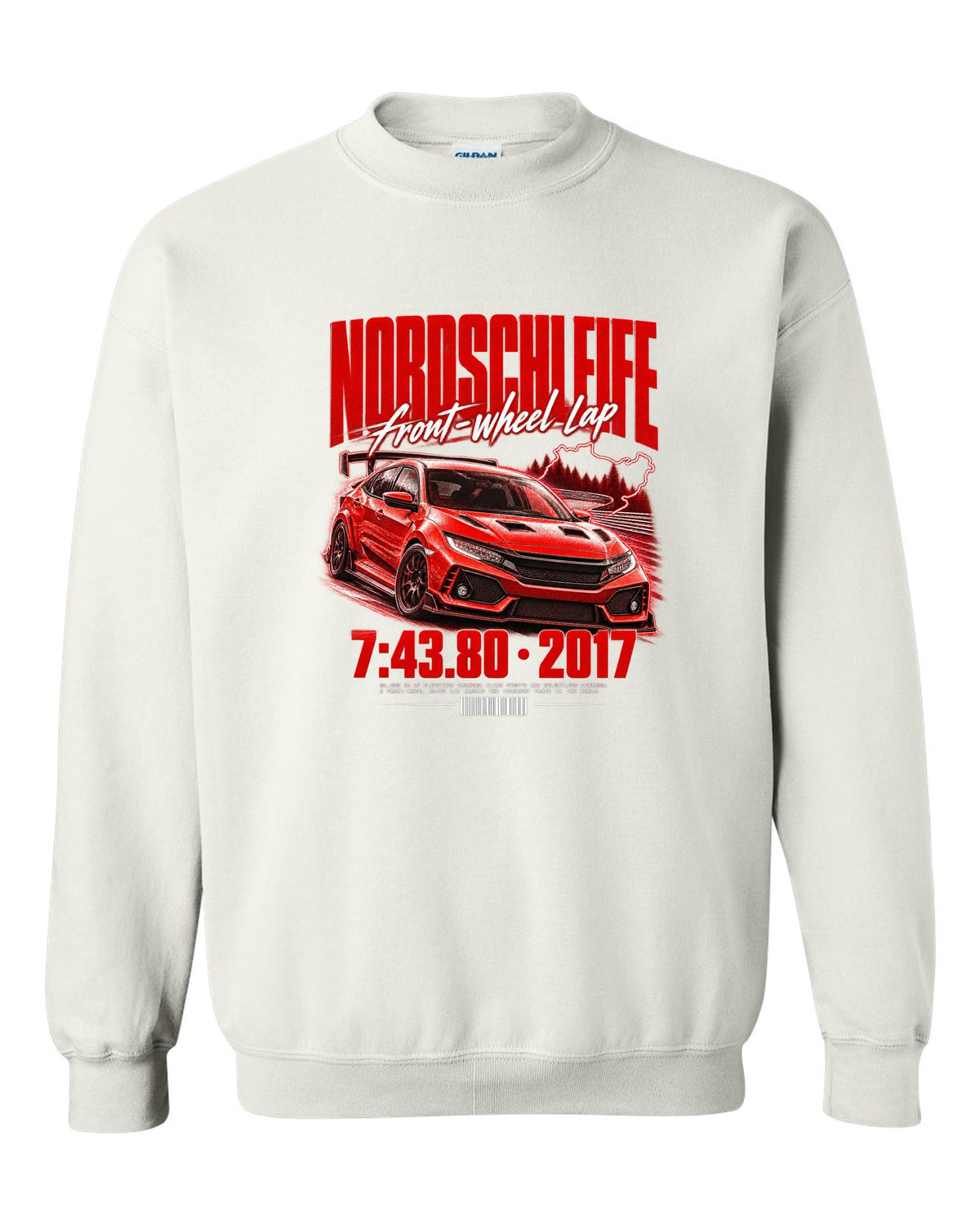 Honda Civic FK8 chback street poster with Nordschleife front-wheel lap time 7:43.80 white crewneck front view with the design