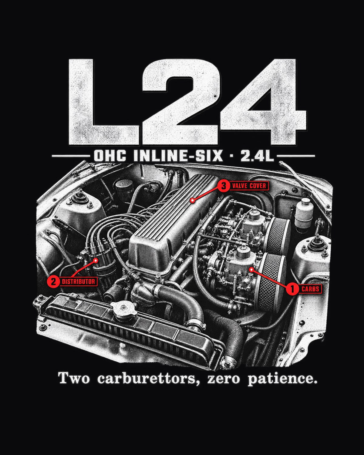 Datsun 240Z S30 L24 Inline-Six Engine Bay Shirt, Classic Tee design only