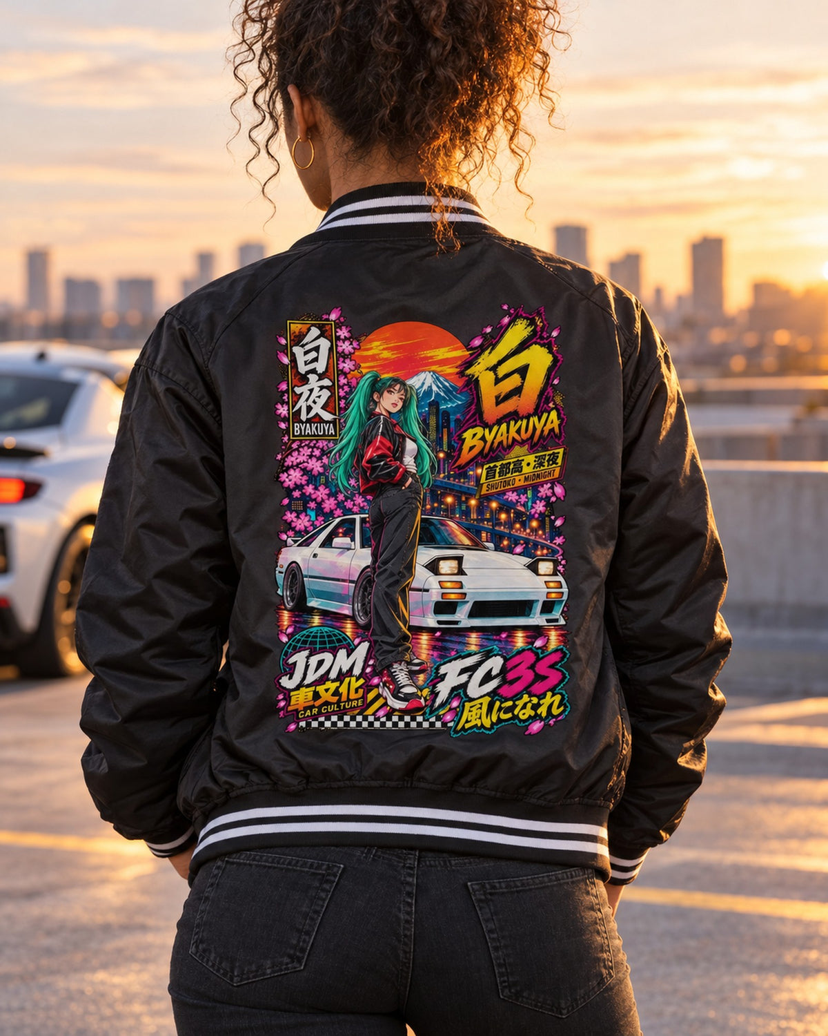 BYAKUYA FC3S Anime Girl Full-Back Graphic Tee Bomber Jacket Black worn hero