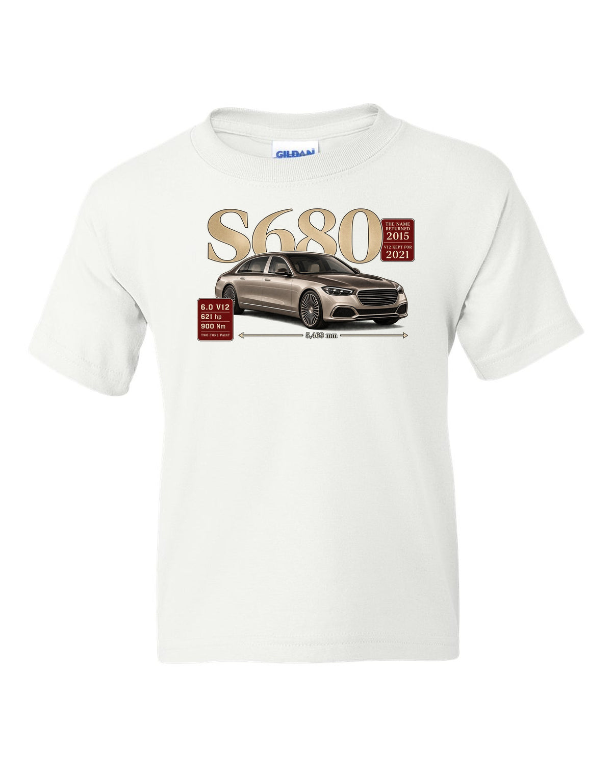 print archive panel of a Mercedes-Maybach S680 Z223 three-quarter with serif title white kids tee front view with the design