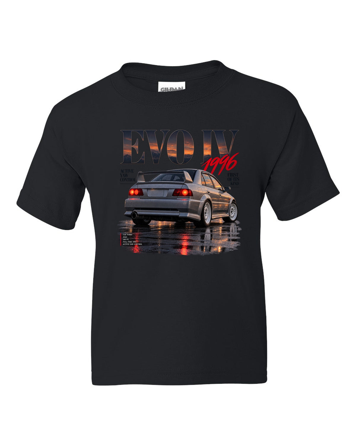 Editorial headline print for the Mitsubishi Lancer Evolution IV CN9A reading Active Yaw Control, first of its kind, 1996 black kids tee front view with the design