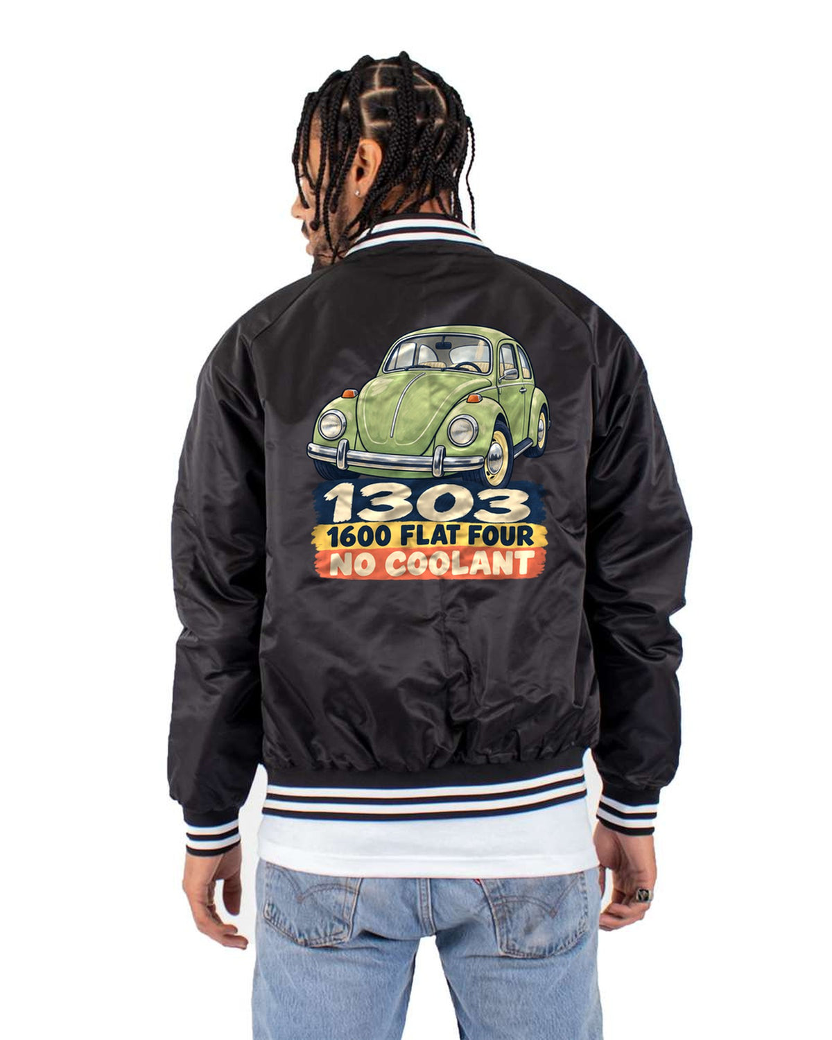 VW Beetle Type 1 1303 Gouache Painted Flat Four Shirt Bomber Jacket Black back