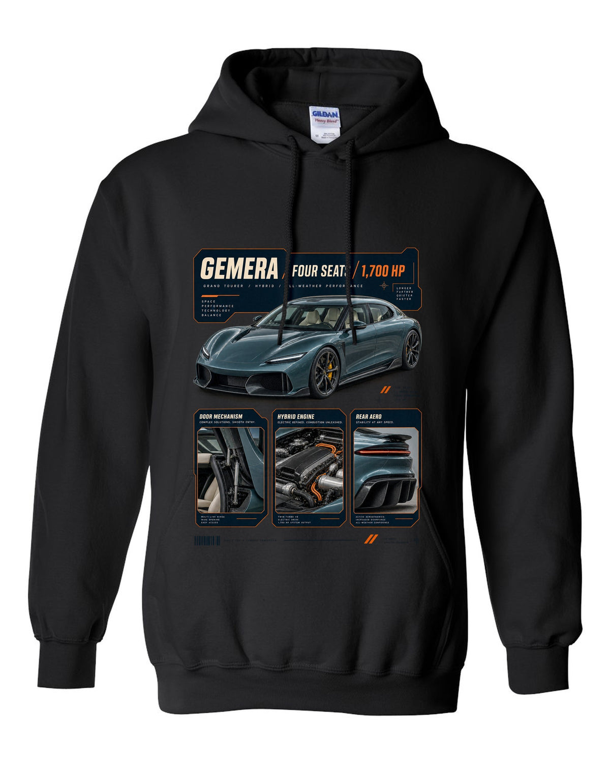 Dossier panel print of the Koenigsegg Gemera with the text Gemera, Mega-GT, four seats, 2020 reveal black pull over hoodie front view with the design