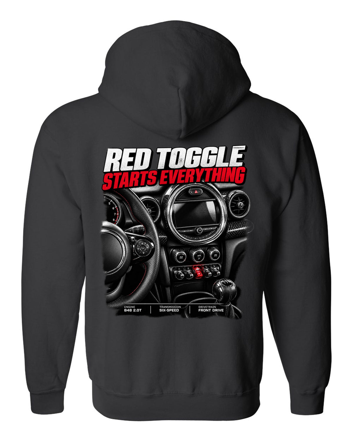 print of the Mini Cooper JCW F56 centre stack with the red toggle switch black zip hoodie back view with the design