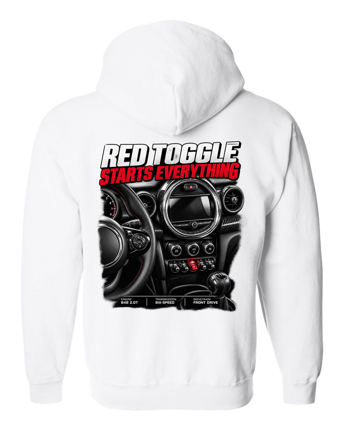 print of the Mini Cooper JCW F56 centre stack with the red toggle switch white zip hoodie back view with the design
