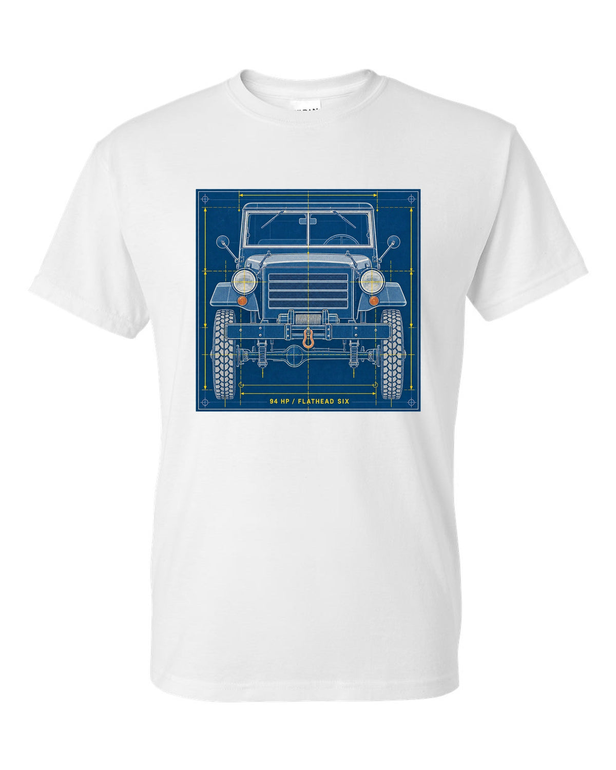Cyanotype negative-style print of a Dodge Power Wagon WM300 grille with 94 HP flathead six text white t-shirt front view with the design
