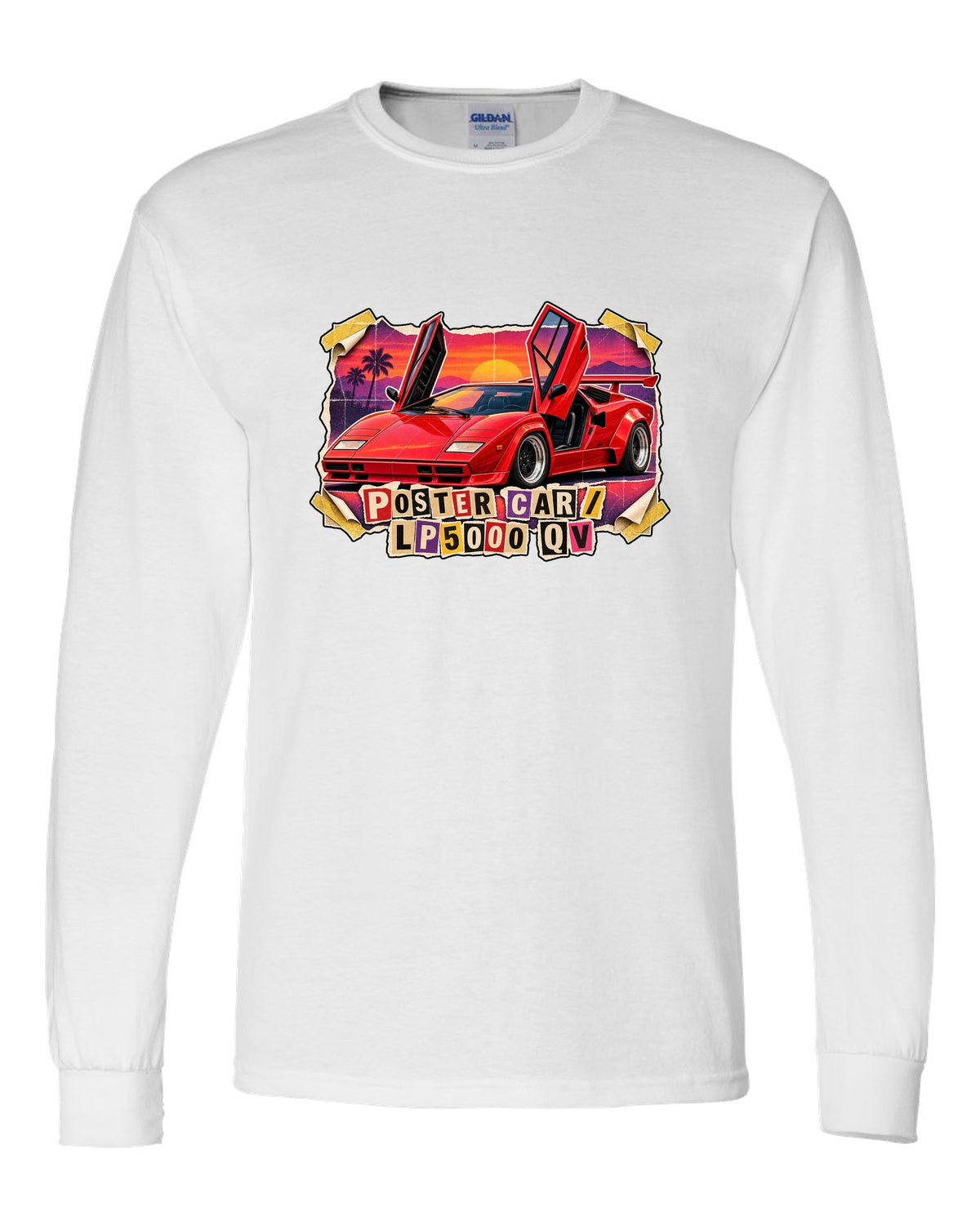 Magazine-cutout collage of a Lamborghini Countach LP5000 QV styled as a pull-out poster car white long sleeve front view with the design