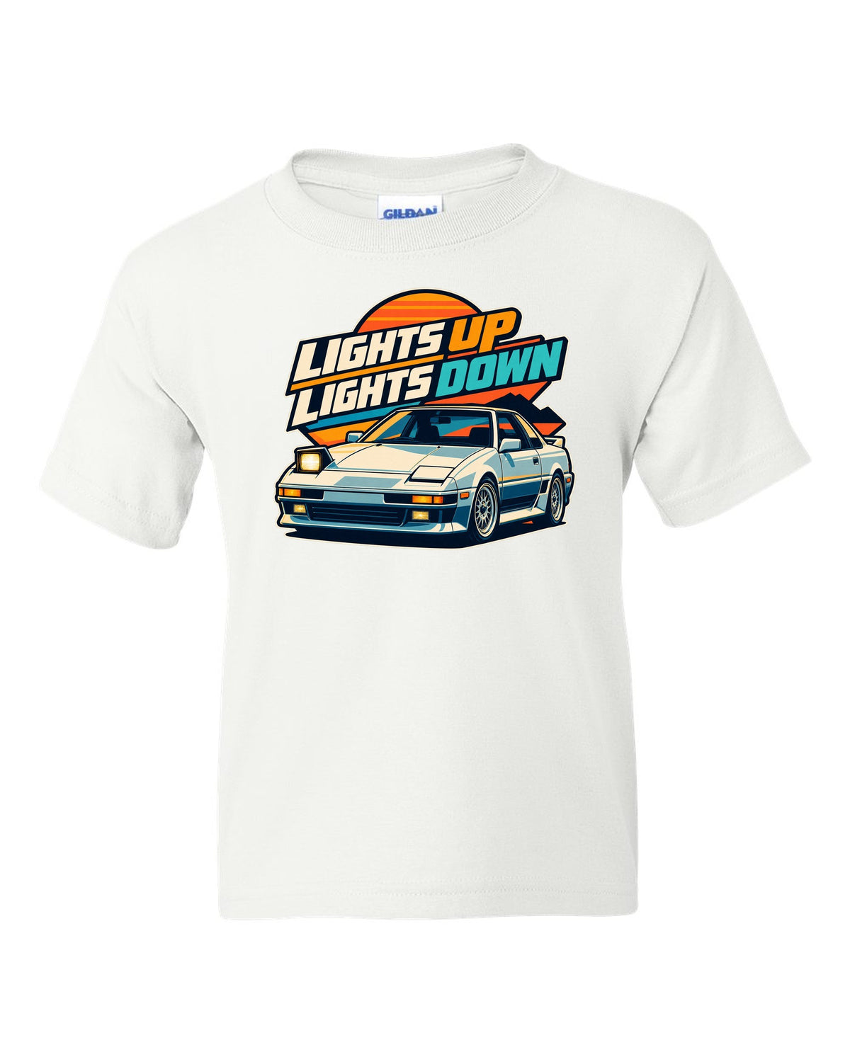 Pixel art of a Toyota AE86 Sprinter Trueno with pop-up headlights raised white kids tee front view with the design