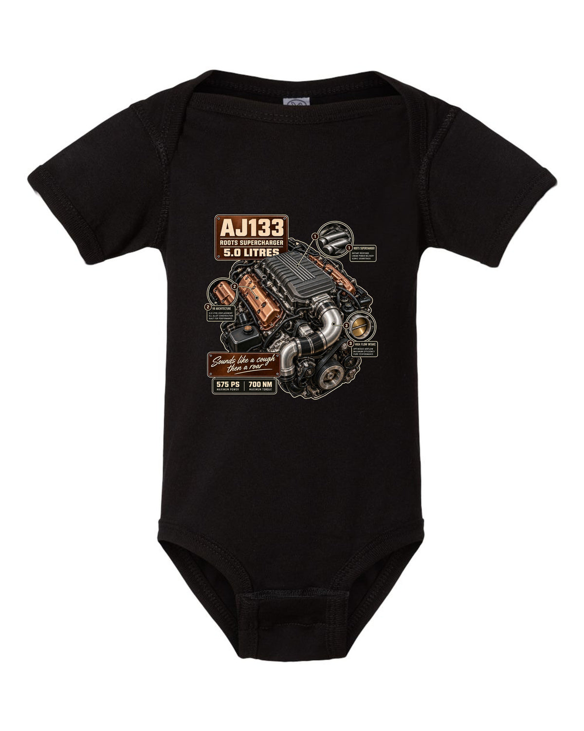 Engine hero print of the Jaguar F-Type R and SVR AJ133 supercharged 5.0 litre V8 black baby onesie front view with the design