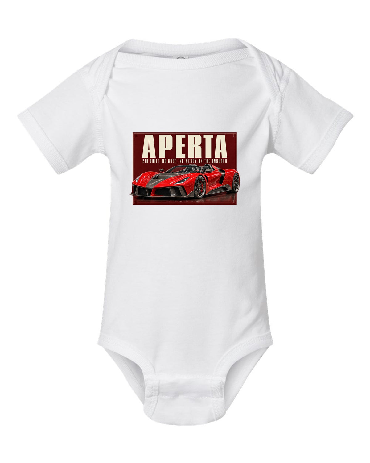 Ferrari LaFerrari Aperta editorial headline print, 210 built white baby onesie front view with the design