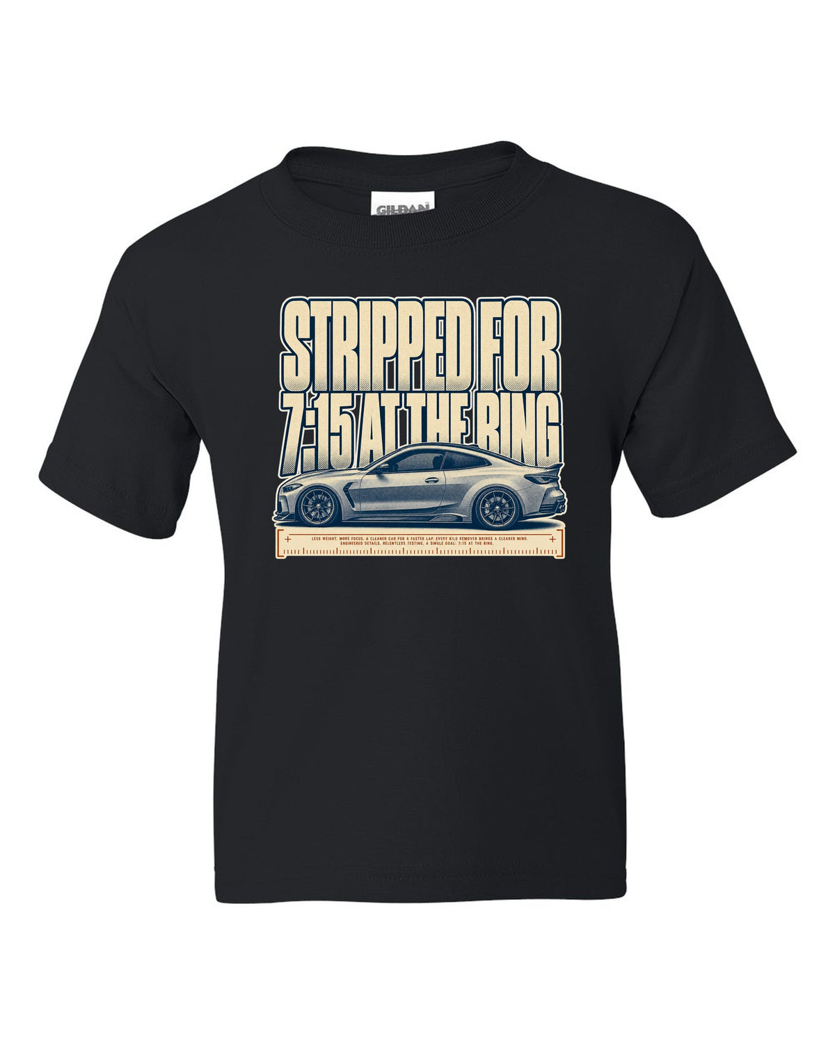BMW M4 CSL G82 halftone print with 7:15 at the Ring text black kids tee front view with the design