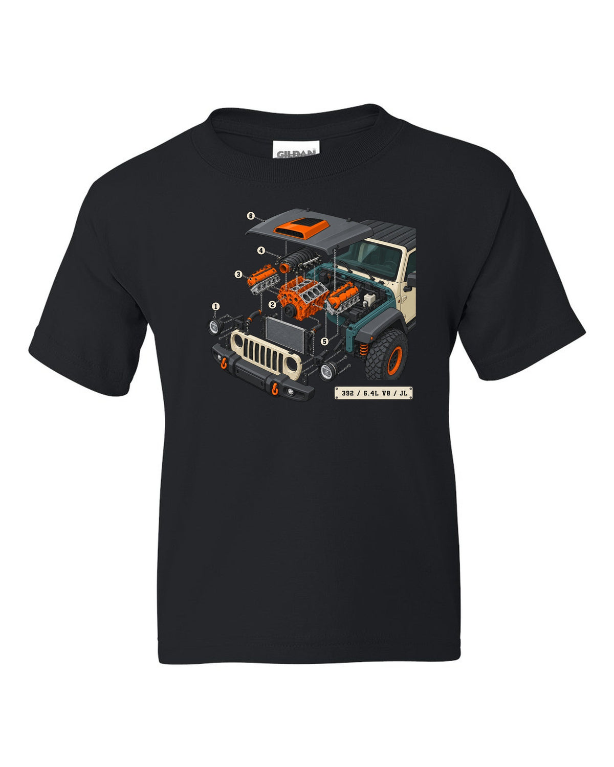 Jeep Wrangler JL Rubicon 392 6.4L V8 isometric exploded engine diagram with callouts black kids tee front view with the design