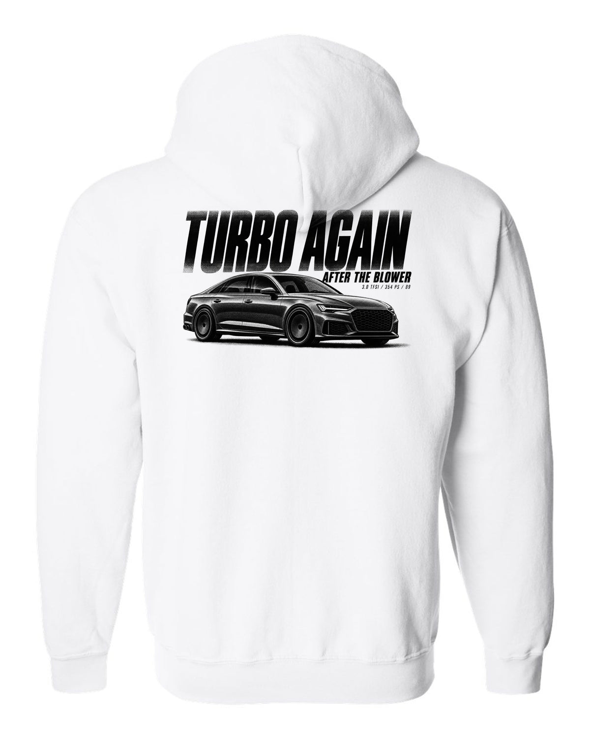Audi S4 B9 Sedan Halftone Statement print white zip hoodie back view with the design
