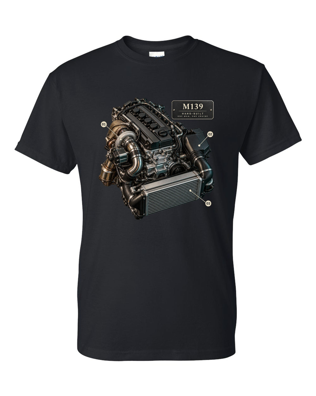 Mercedes-AMG C63 S E Performance W206 M139 engine illustration black t-shirt front view with the design