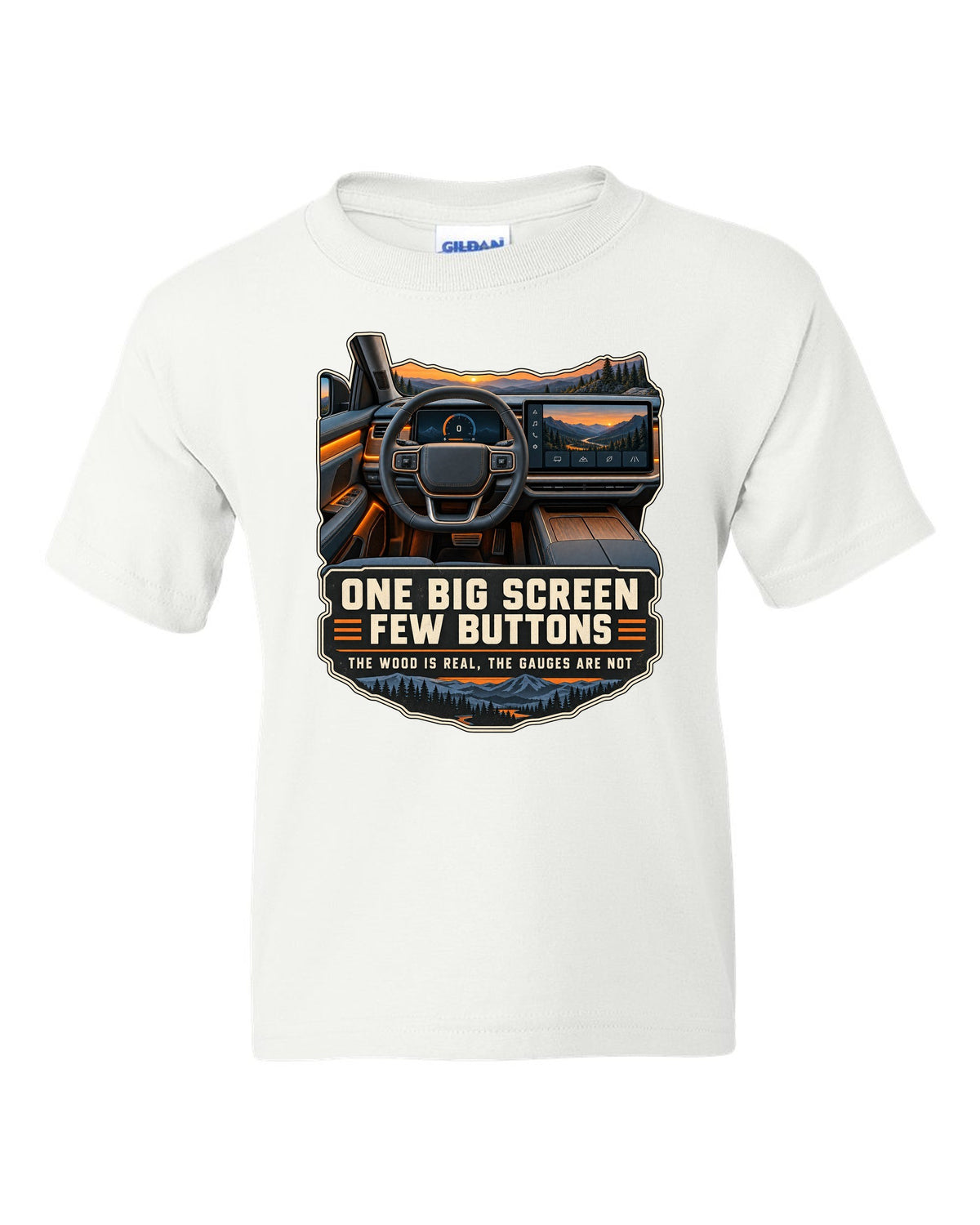 Cockpit and gauge print of a Rivian R1T interior with a large central screen white kids tee front view with the design