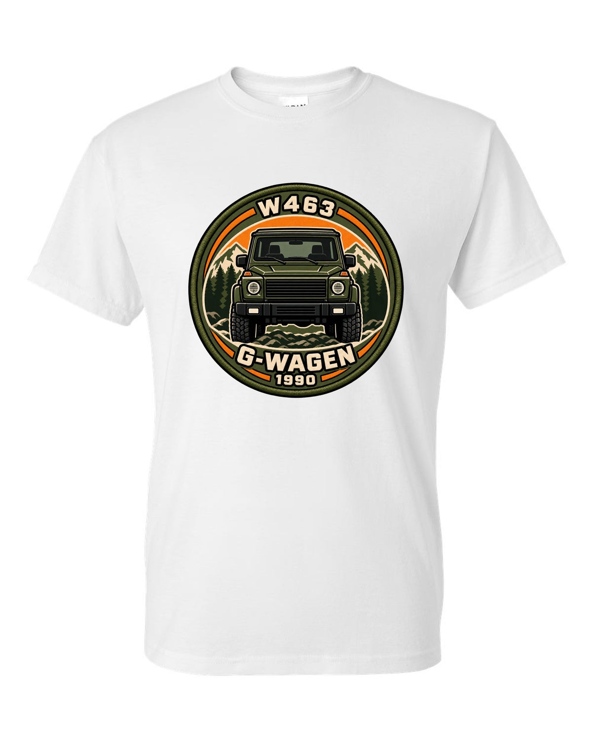 Varsity crest graphic reading W463 G-Wagen 1990 for the Mercedes G-Class, print white t-shirt front view with the design