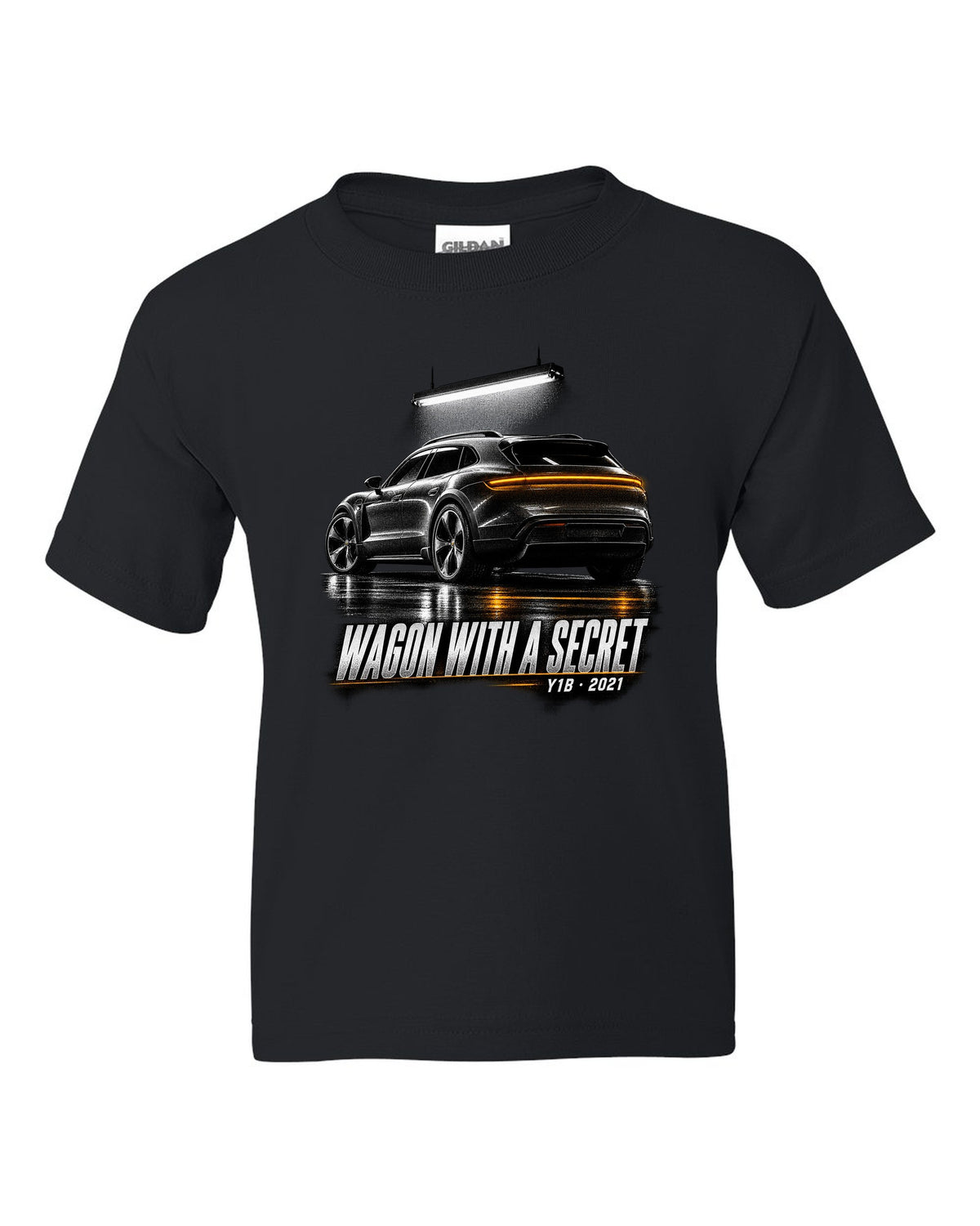 Porsche Taycan Cross Turismo Y1B in a dark garage, print design black kids tee front view with the design
