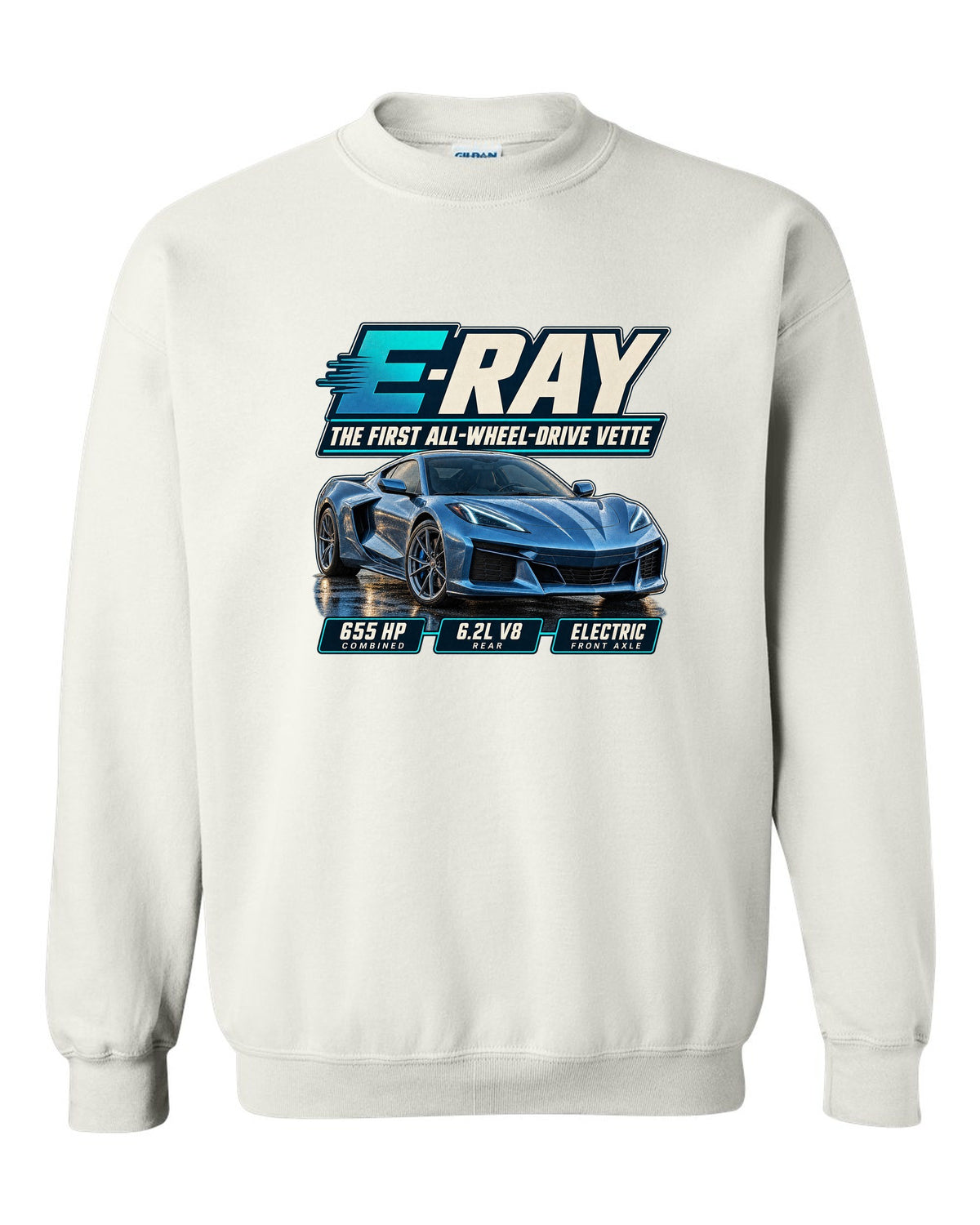 Editorial headline print of a Chevrolet Corvette C8 E-Ray, the first all-wheel-drive Vette white crewneck front view with the design
