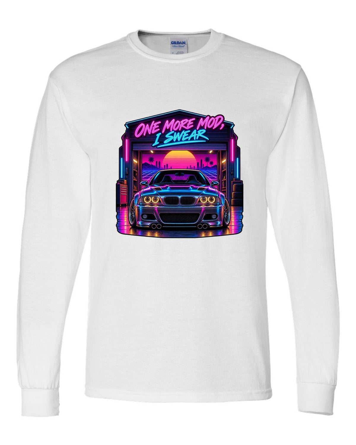 Synthwave outrun print of a BMW E46 M3 coupe with one more mod I swear text white long sleeve front view with the design