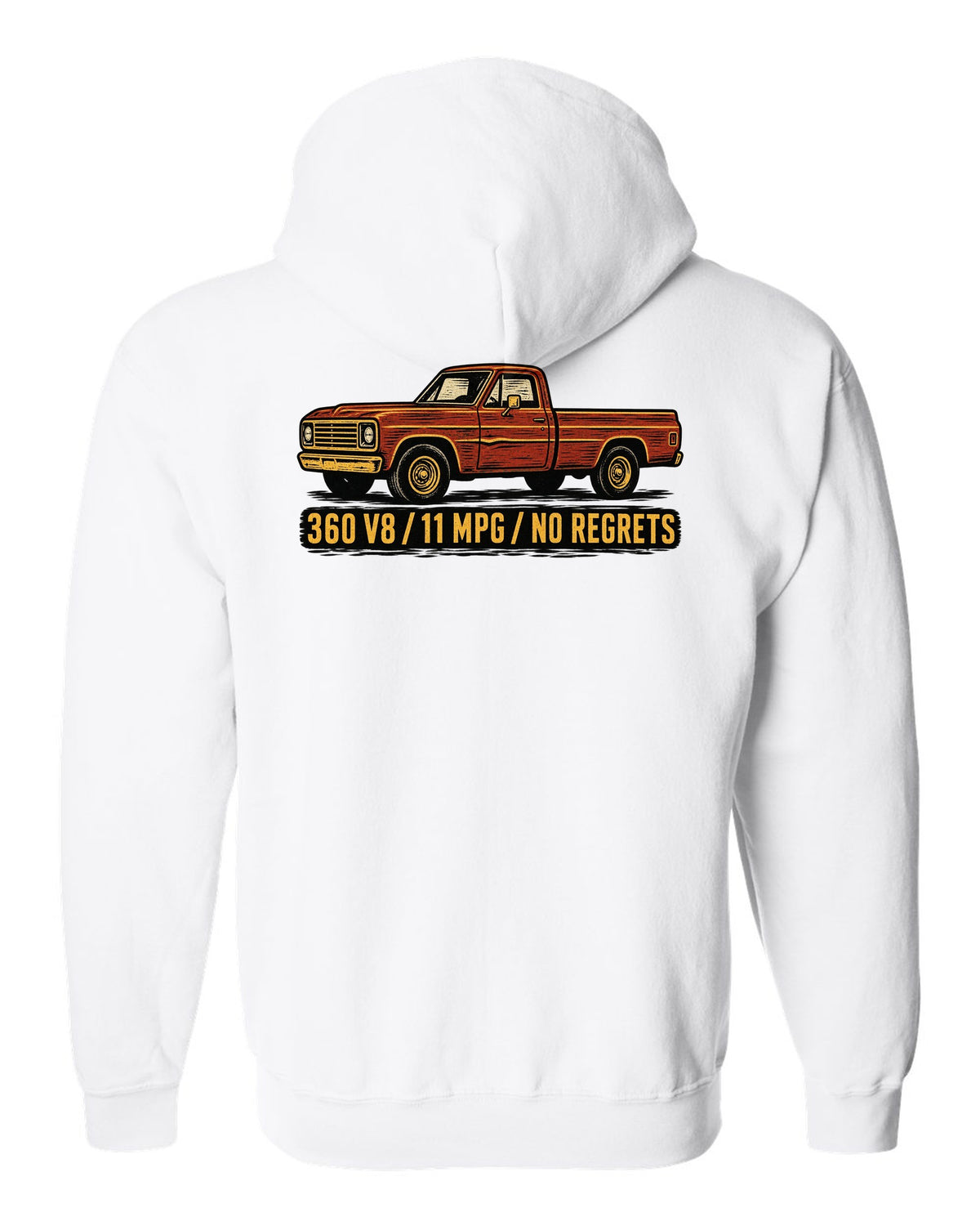 Dent-Side Ford F-150 1973-79 Crease Linocut white zip hoodie back view with the design