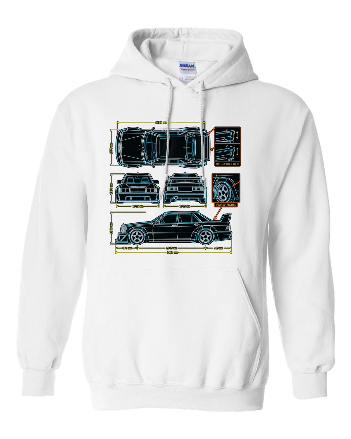 Technical blueprint top-down line art print of a Mercedes-Benz 190E Evo II W201 with two-tier wing white pull over hoodie front view with the design