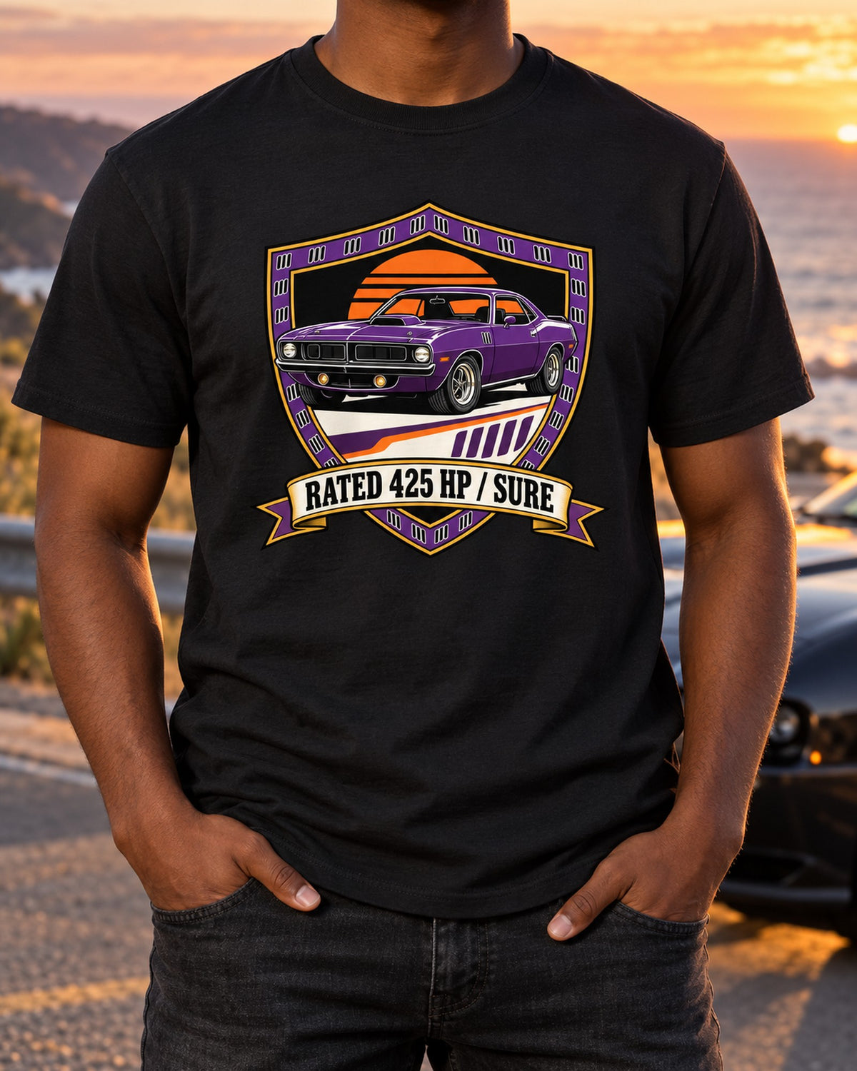 Plymouth Hemi 'Cuda E-Body Shield Tee, Rated 425 HP T-Shirt Black worn hero