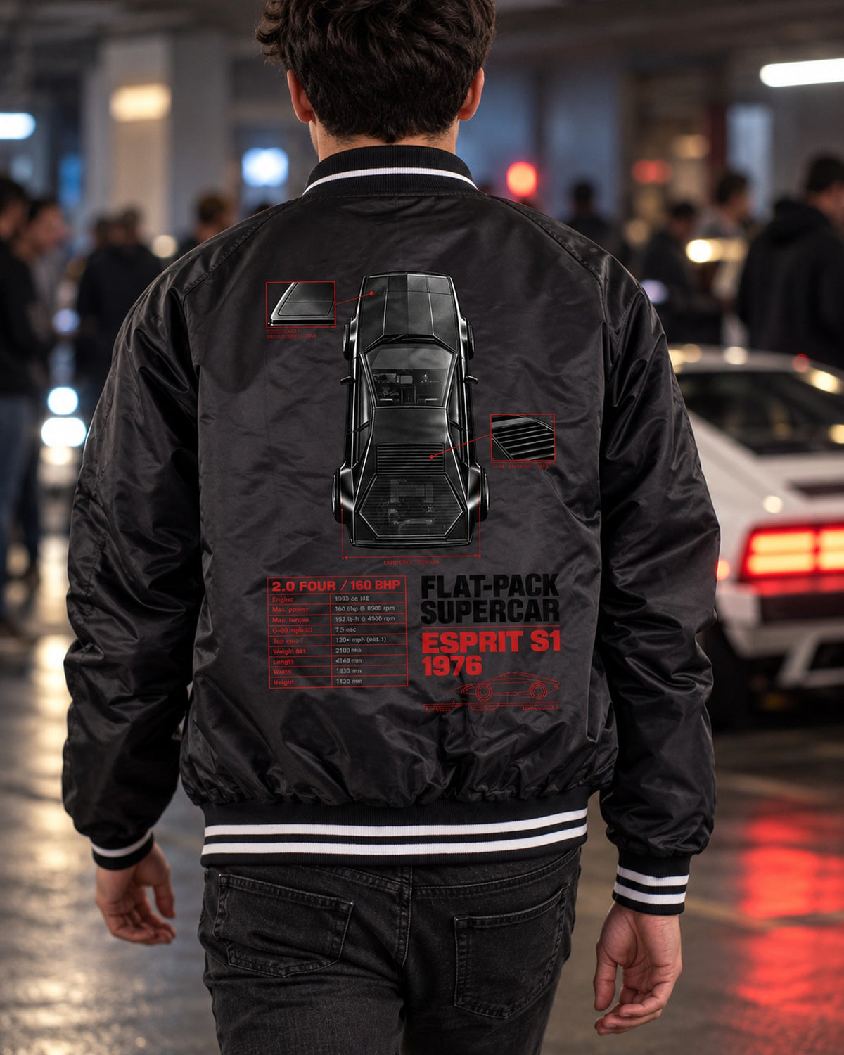 Lotus Esprit S1 1976 Top-Down Spec Poster Tee Bomber Jacket Black worn hero
