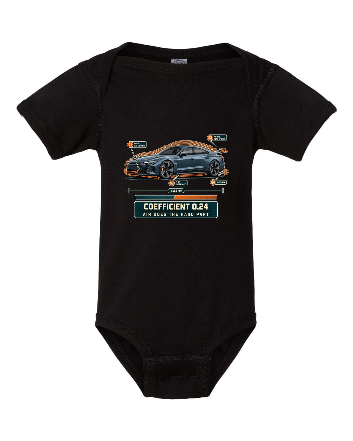 Audi RS e-tron GT aero callouts with airflow diagram print design black baby onesie front view with the design