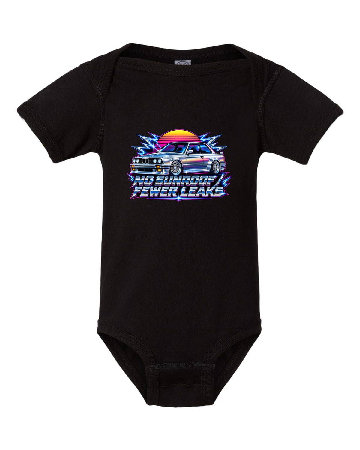 80s chrome airbrush print of a BMW E30 M3 with no sunroof fewer leaks text black baby onesie front view with the design