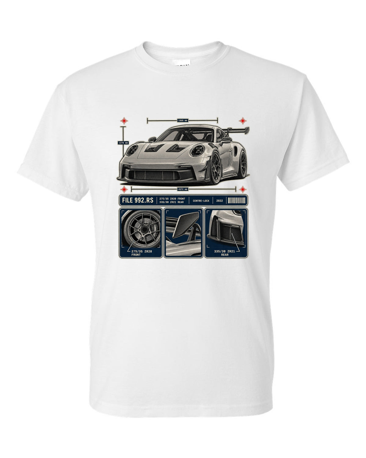 Porsche 992 GT3 RS dossier panels print design white t-shirt front view with the design