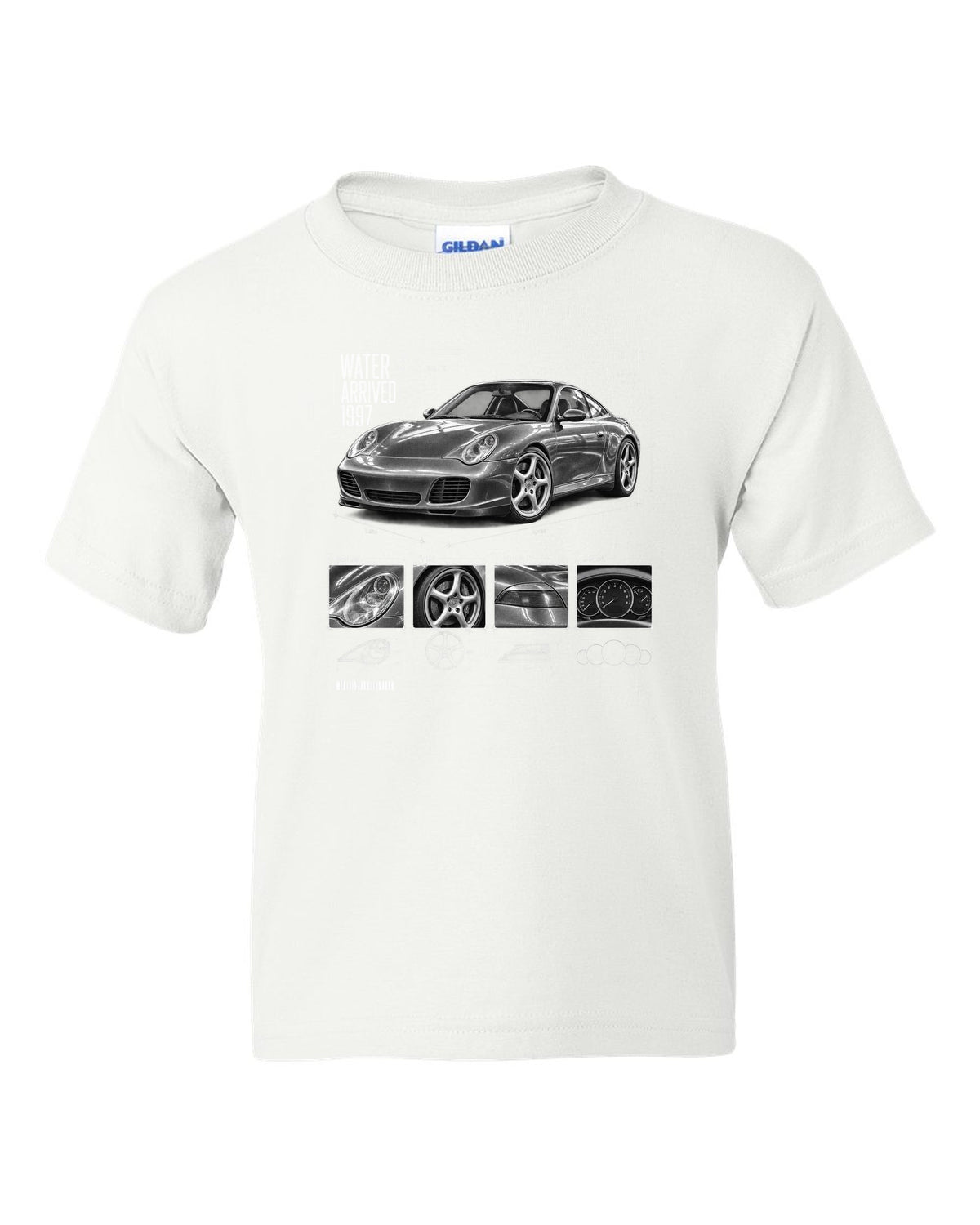 Dossier panel print of a Porsche 911 Carrera 4S (996) with the heading Water Arrived 1997 white kids tee front view with the design