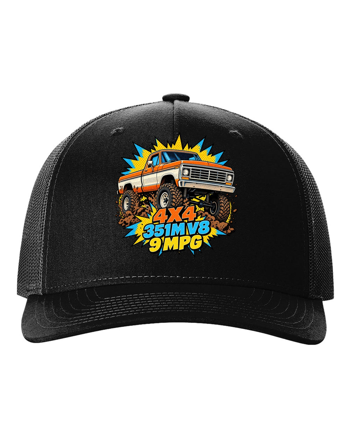 Dent-Side Ford F-150 Comic Halftone Pop-Art Workshop Tee black hat front view with the design