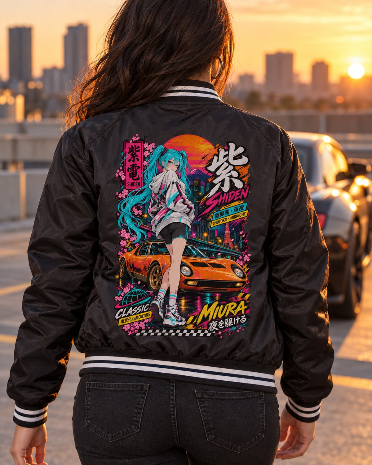 SHIDEN MIURA Anime Girl Full-Back Graphic Tee Bomber Jacket Black worn hero