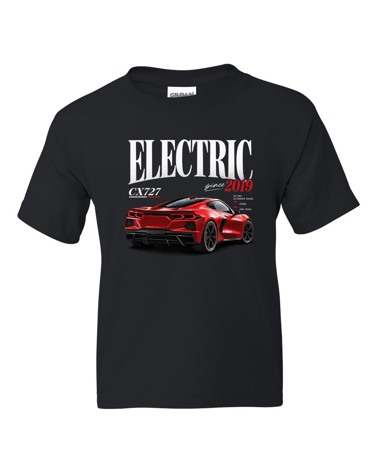 Ford Mustang Mach-E CX727 editorial headline print reading Electric Since 2019 black kids tee front view with the design