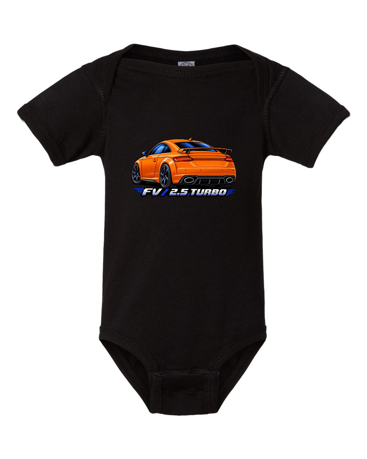 Pixel art print of an Audi TT RS FV with a rear wing and 2.5 turbo text black baby onesie front view with the design