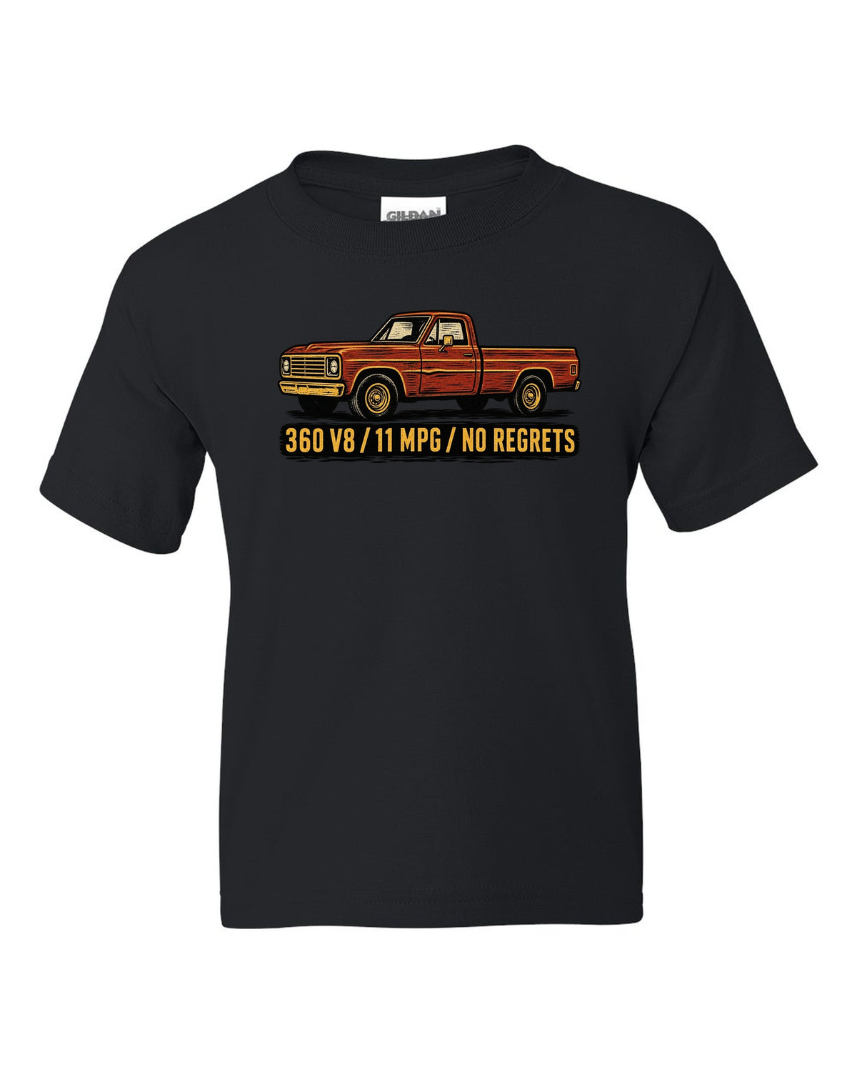 Dent-Side Ford F-150 1973-79 Crease Linocut black kids tee front view with the design