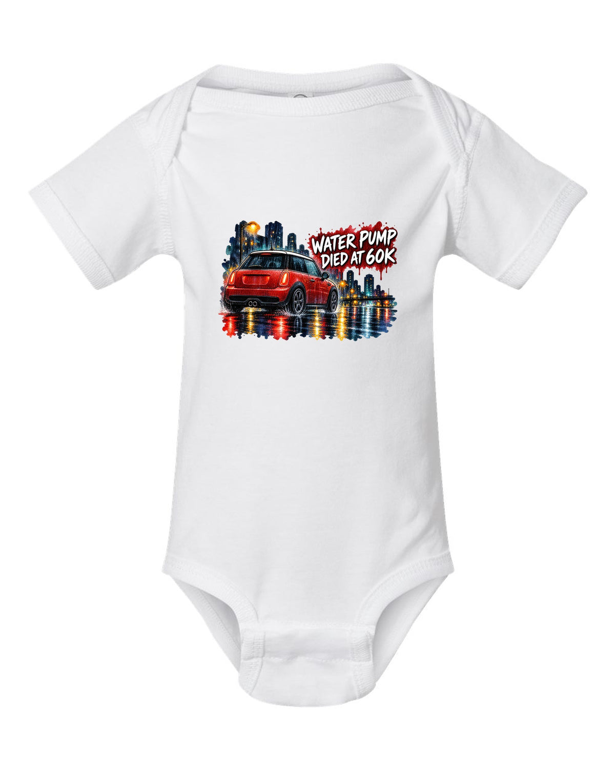 Watercolour night scene of a Mini Cooper S R56 on a wet road white baby onesie front view with the design