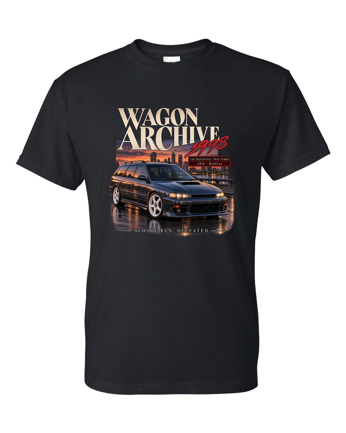 Wagon archive print for the Subaru Legacy GT-B BH5 reading 2.0L sequential twin turbo, school run, defeated black t-shirt front view with the design