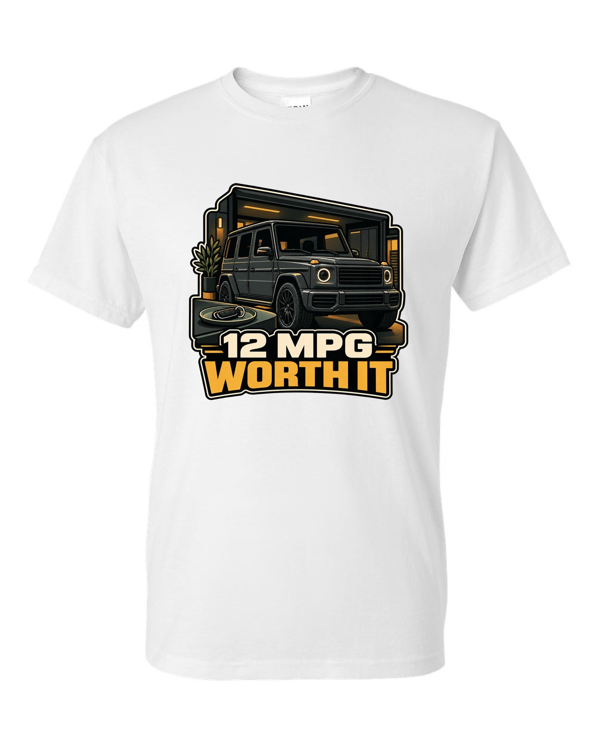 Army surplus stamp graphic reading Gelandewagen 1979 for the Mercedes G-Class W460, print white t-shirt front view with the design