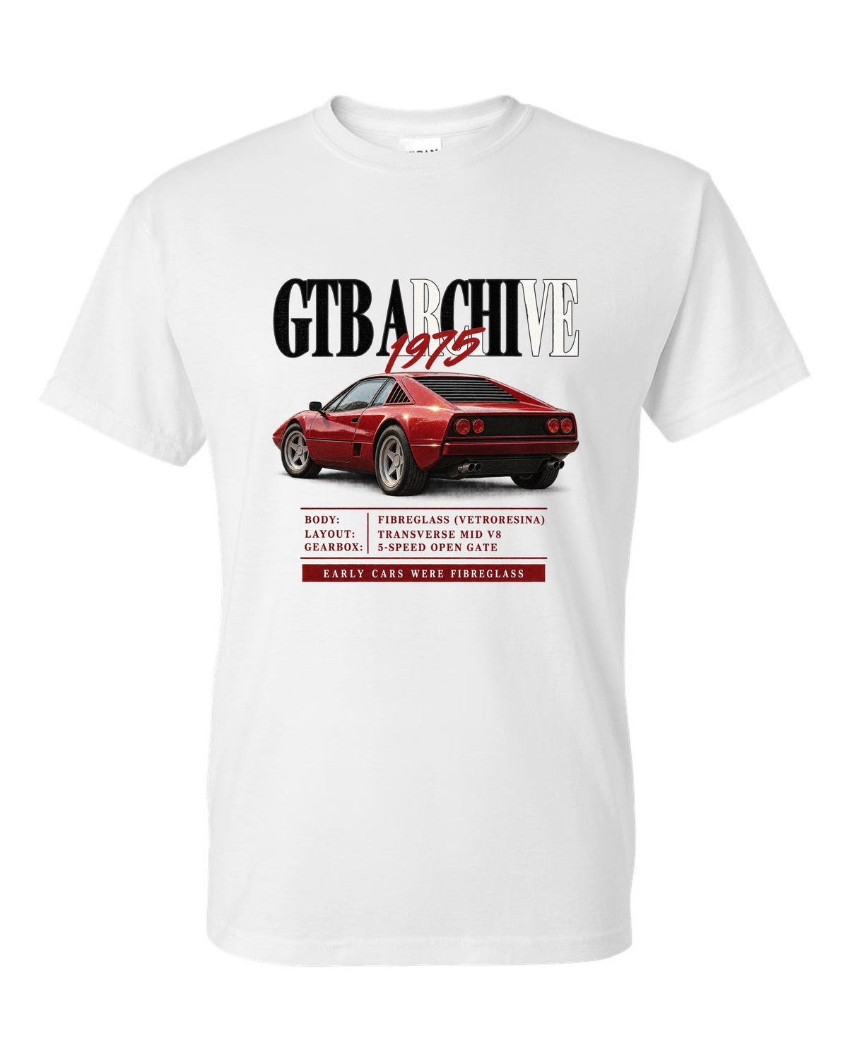 Ferrari 308 GTB 1975 archive panel print, early cars were fibreglass white t-shirt front view with the design