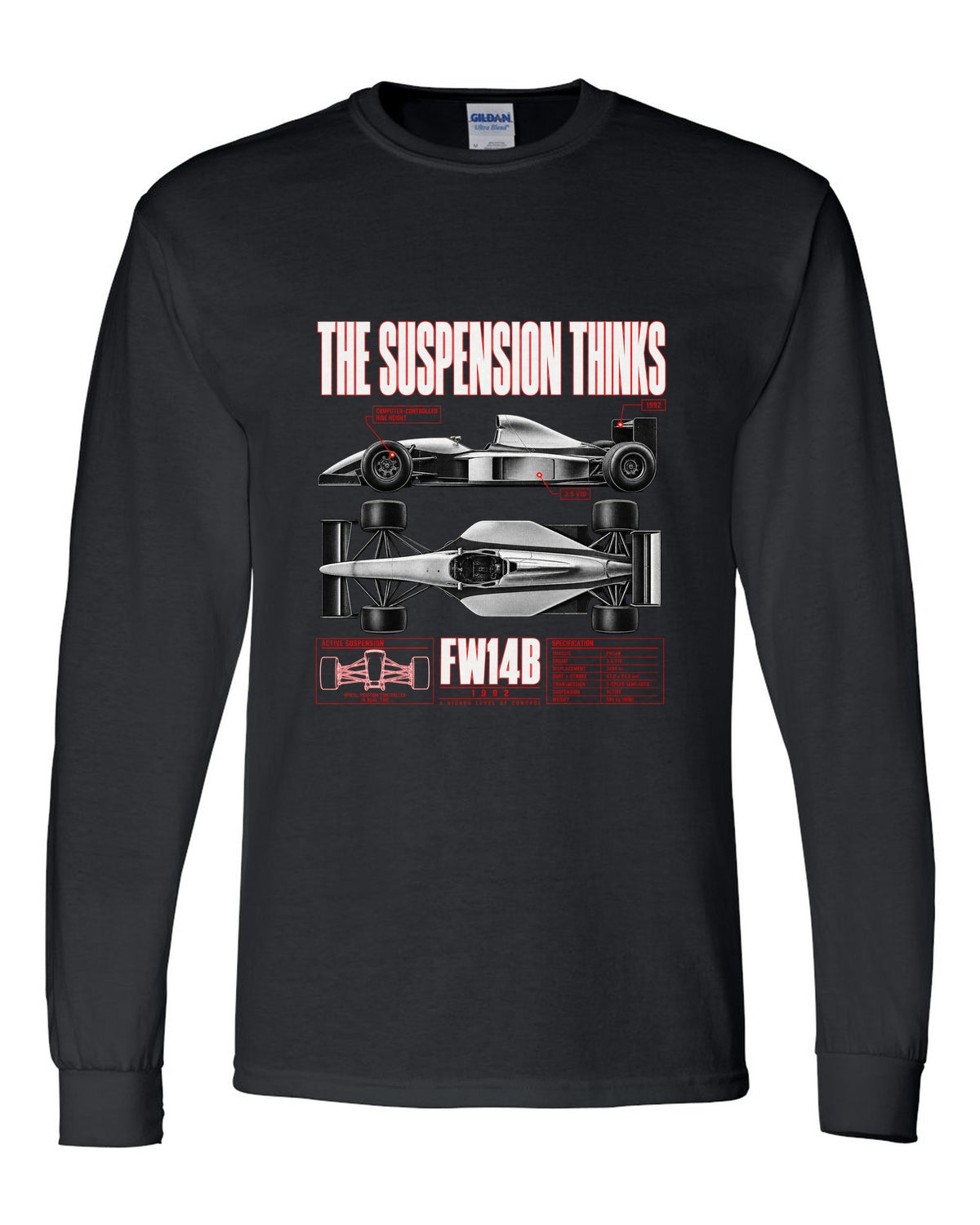 Williams FW14B spec poster print with active ride and V10 text black long sleeve front view with the design