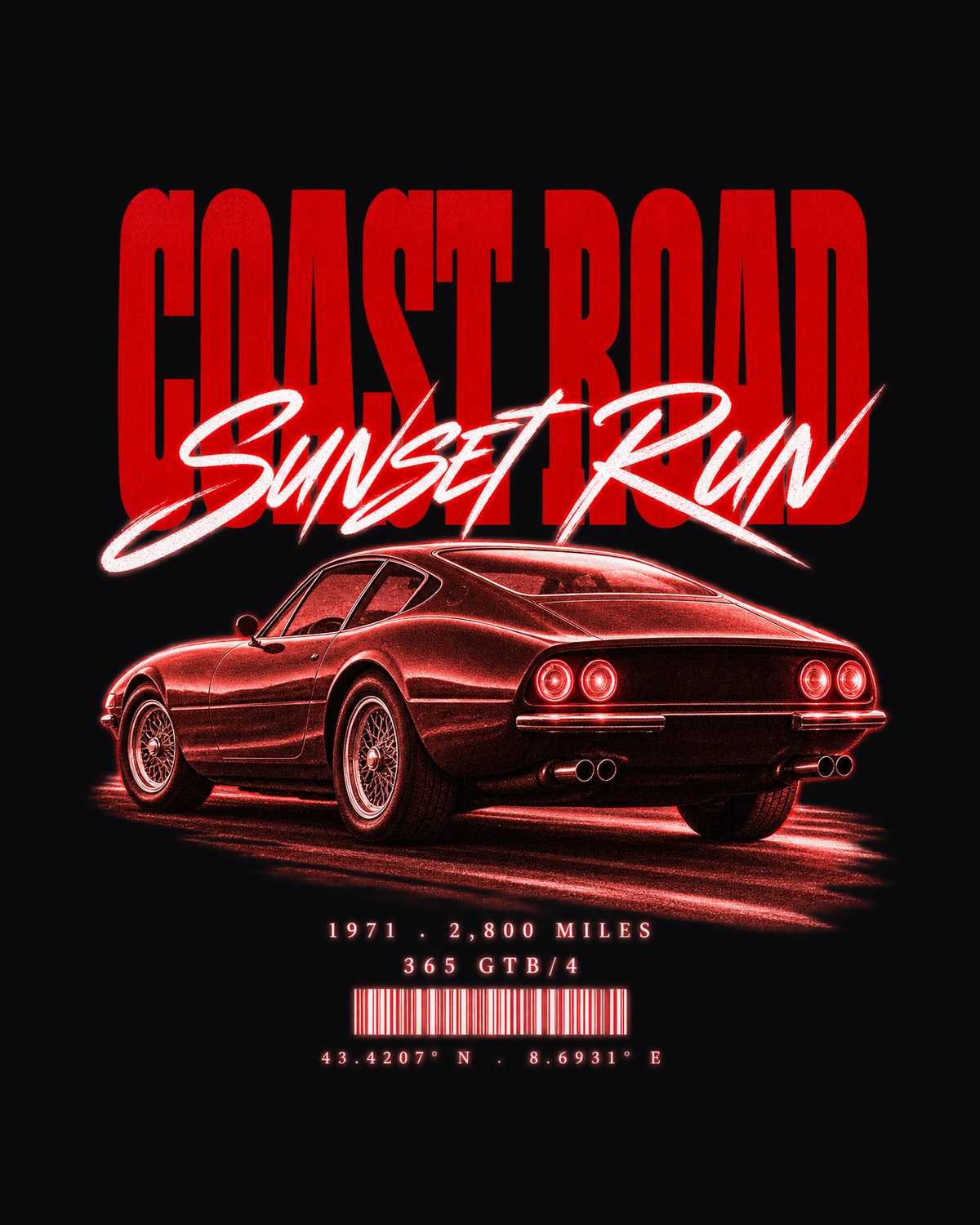 Ferrari 365 GTB/4 Daytona Coast Road Sunset Run Poster Tee design only