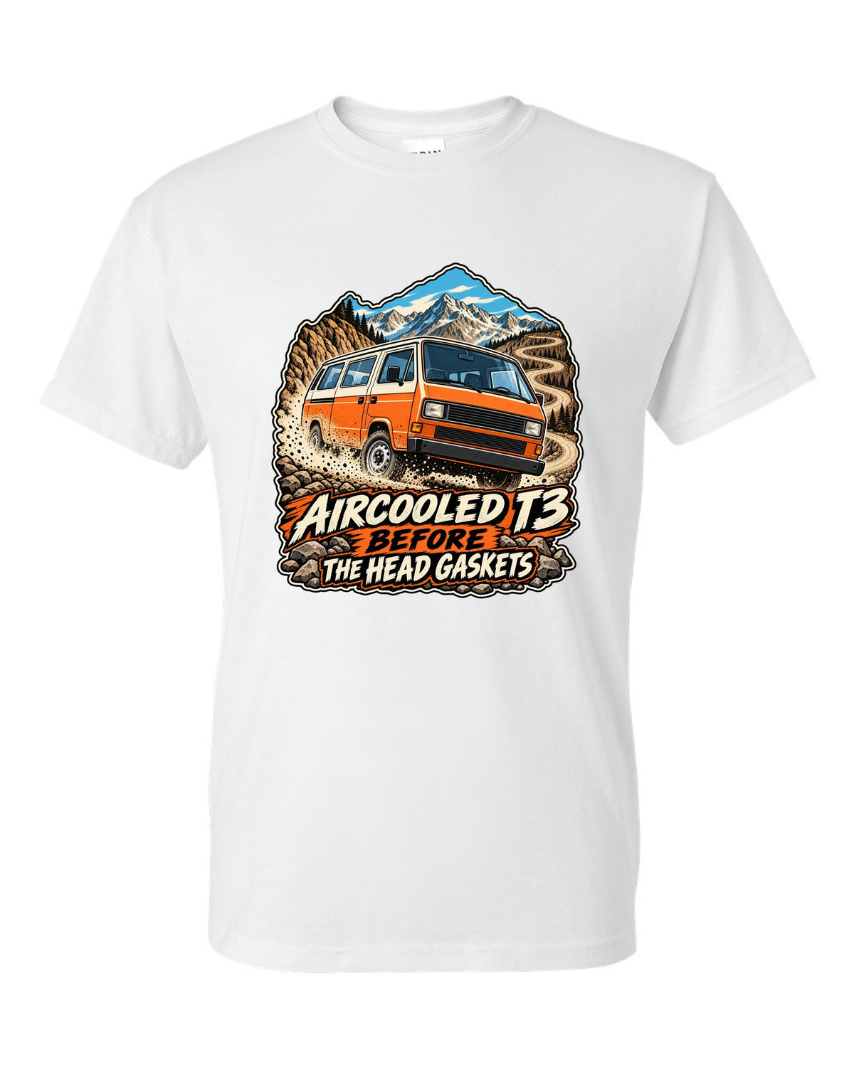 Vintage race poster style VW Vanagon T3 on a dusty pass with aircooled T3 before the head gaskets text white t-shirt front view with the design