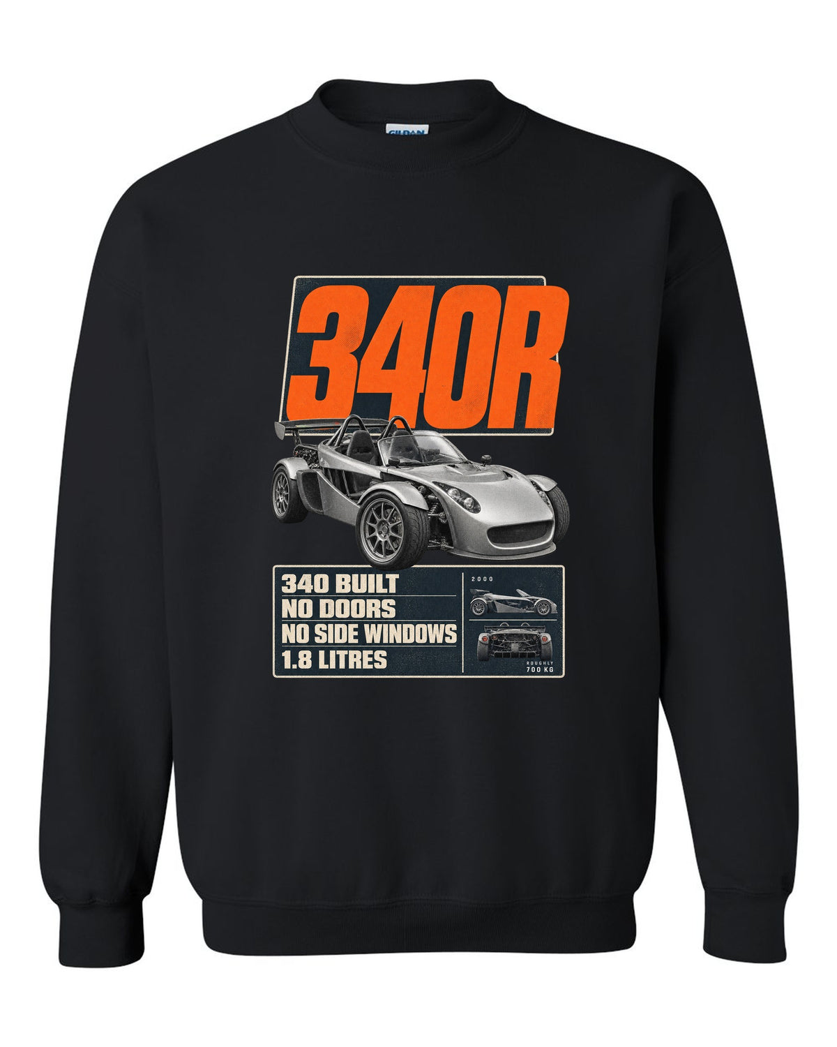 Lotus Elise 340R doorless roadster editorial headline print design black crewneck front view with the design