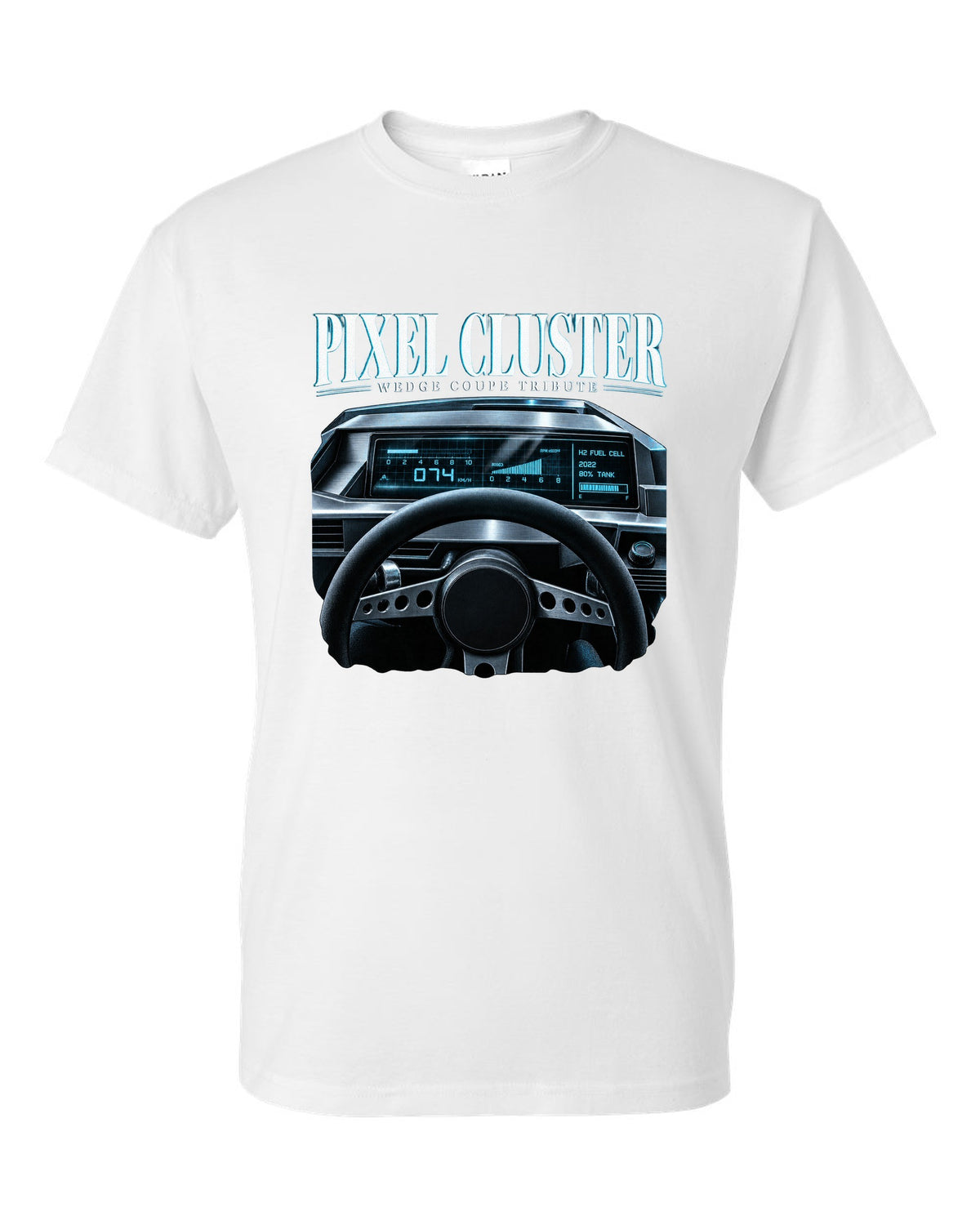 Hyundai N Vision 74 cockpit gauge print with pixel cluster and fuel cell readout white t-shirt front view with the design