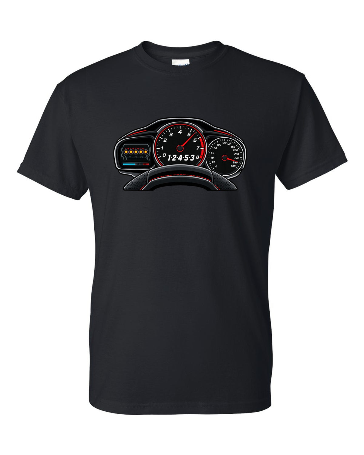 Flat gauge cluster print for the Audi RS3 8V showing the 1-2-4-5-3 firing order black t-shirt front view with the design