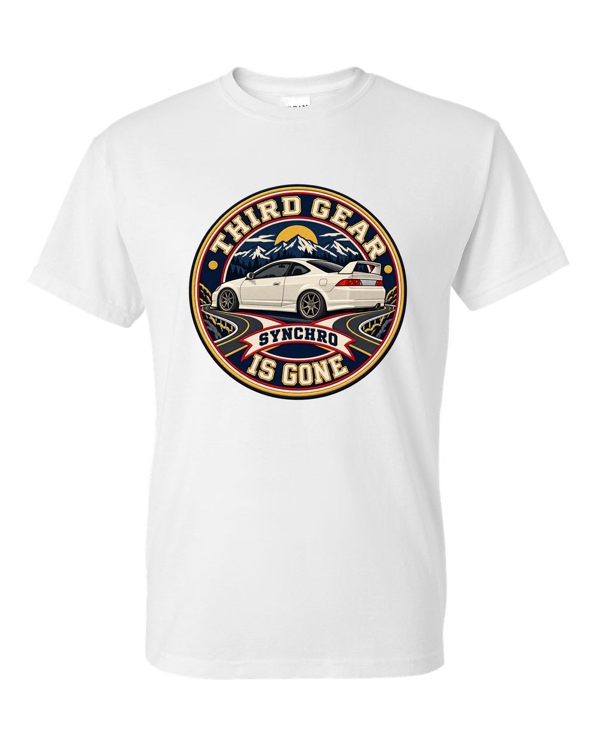 Embroidery patch style print of a 2002 Honda Integra DC5 ch with third gear synchro text white t-shirt front view with the design