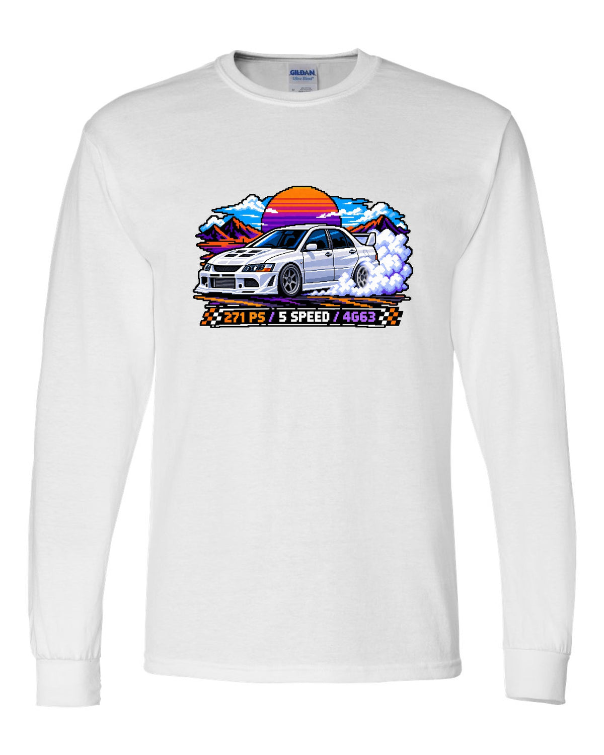 Pixel art burnout print of the Mitsubishi Evo VIII CT9A with 271 PS 5 speed 4G63 text white long sleeve front view with the design