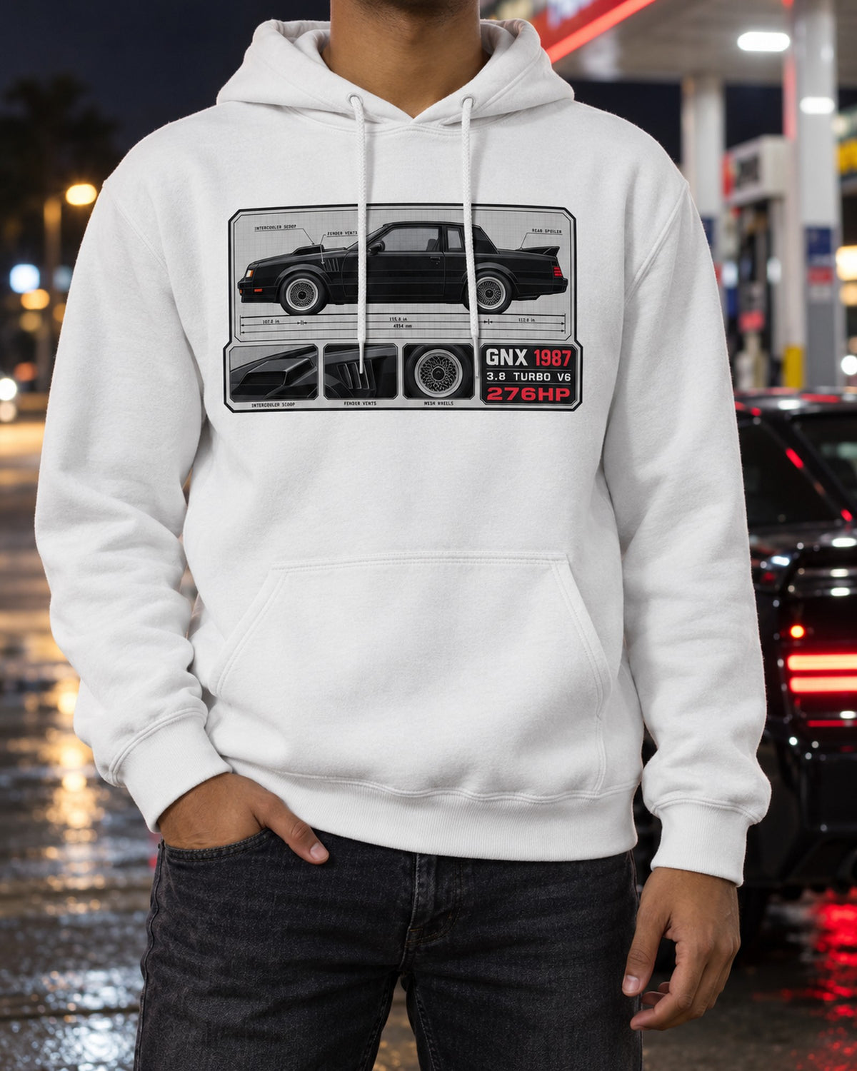 1987 Buick GNX Spec Sheet Shirt, Turbo V6 Car Guy Gift Pull Over Hoodie White worn hero