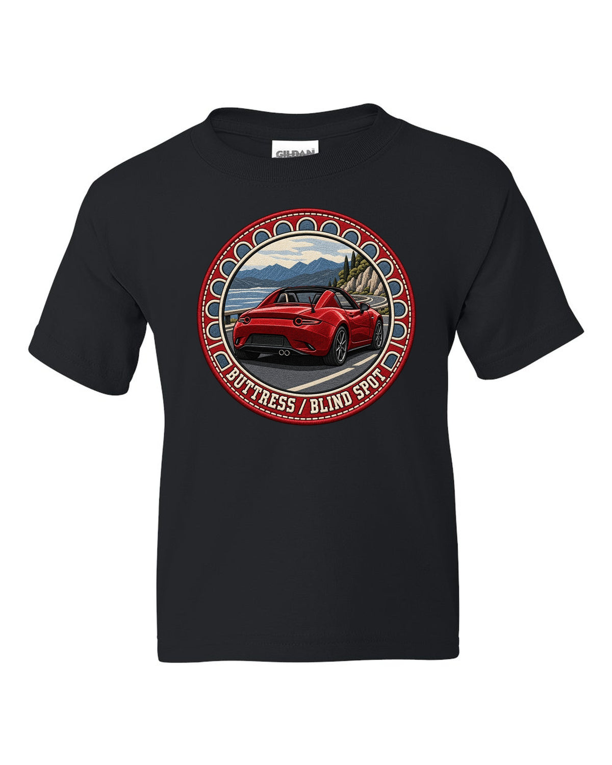 Embroidery-style roundel crest of a Mazda MX-5 ND RF fastback with blind spot text black kids tee front view with the design
